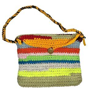 Handcrafted Crochet Rainbow Shoulder Bag With Button Closure & Braided Strap New